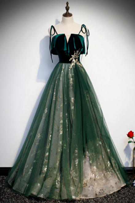 Green Tulle Velvet Spaghetti Straps Sequins Prom Dress,pl1034