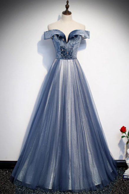 Blue Tulle Velvet Off The Shoulder Beading Prom Dress,pl1036