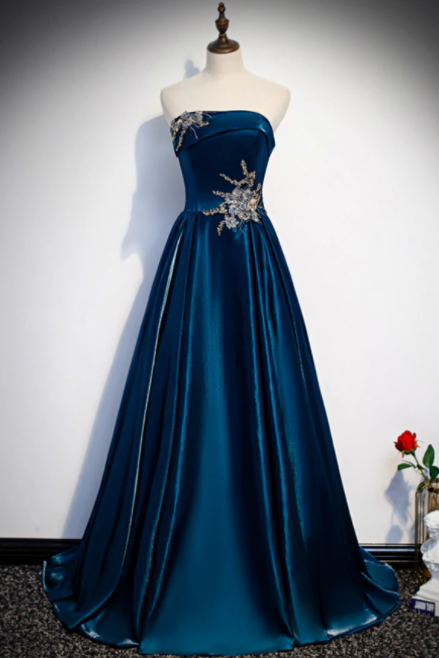 Blue Satin Strapless Beading Appliques Prom Dress,pl1037