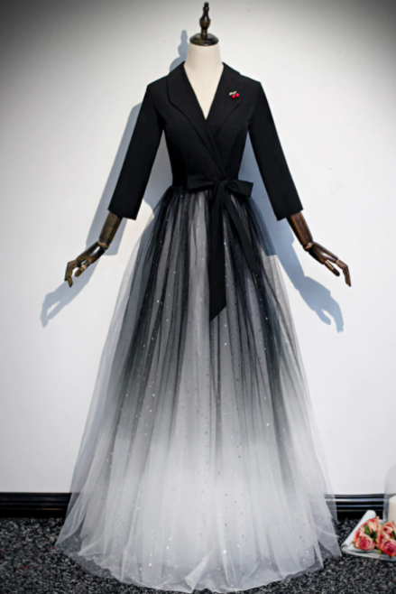 A-line Black Tulle V-neck Long Sleeve Prom Dress,pl1039