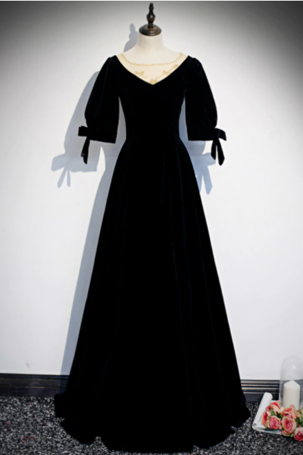 Black Velvet Short Sleeve Beading Prom Dress,pl1040