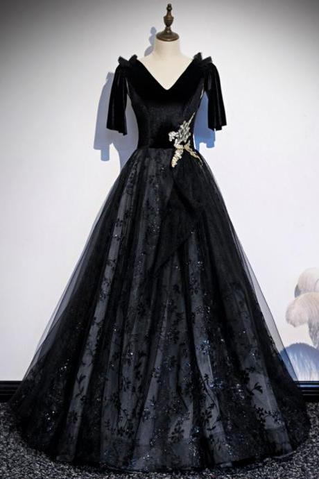 Black Tulle Sequins V-neck Short Sleeve Prom Dress,pl1041