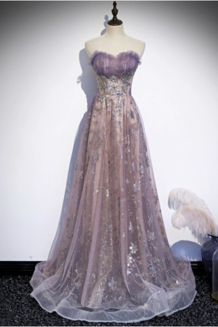 Purple Tulle Sequins Sweetheart Pleats Prom Dress,pl1042