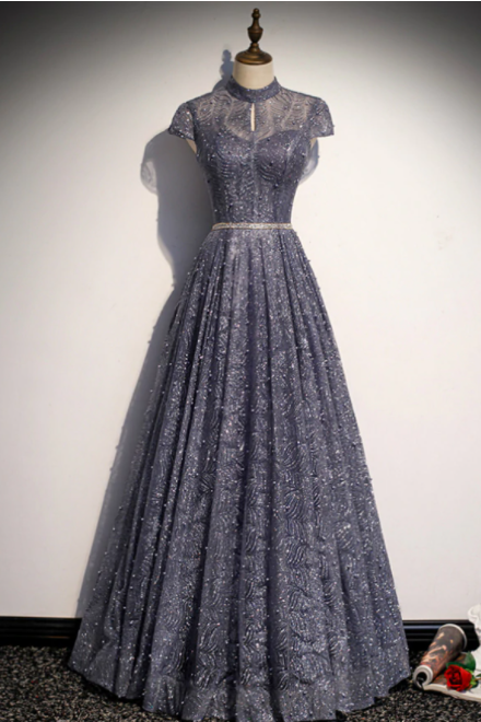 Purple Sequins High Neck Cap Sleeve Pearls Prom Dress,pl1047