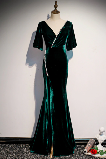 Dark Green Mermaid Velvet Short Sleeve V-neck Prom Dress,pl1048