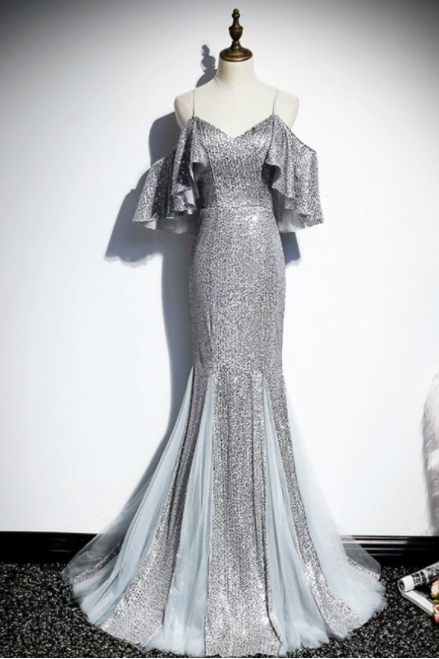 Silver Gray Mermaid Sequins Spaghetti Straps Prom Dress,pl1052