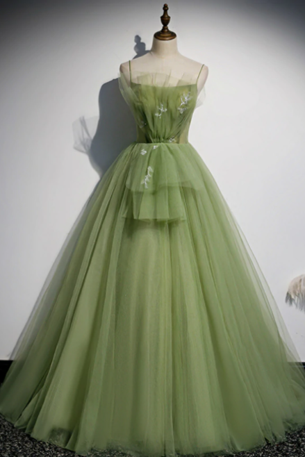 Green Tulle Spaghetti Straps Beading Prom Dress,pl1054