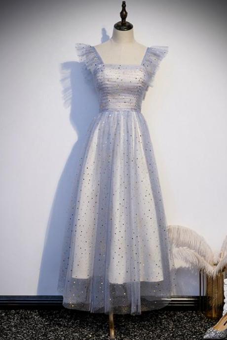 Blue Tulle Sequins Square Ankle Length Prom Dress,pl1055