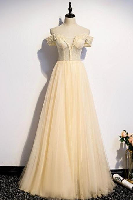 Champagne Tulle Sequins Off The Shoulder Pearls Prom Dress,pl1058