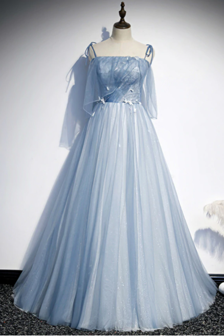 Light Blue Tulle Spaghetti Straps Appliques Prom Dress,pl1063
