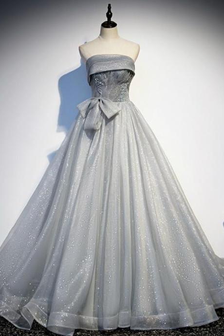 Silver Gray Tulle Strapless Beading Prom Dress.pl1071