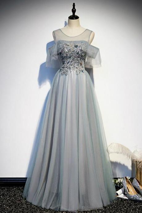 Gray Tulle Beading Sequins Formal Prom Dress,PL1072