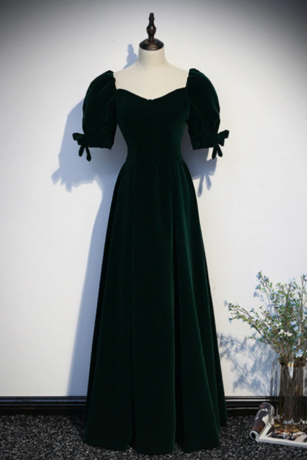 Dark Green Velvet Square Puff Sleeve Prom Dress.pl1077