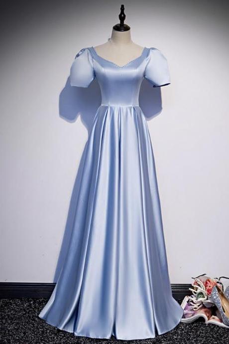 Light Blue Satin V-neck Puff Sleeve Beading Prom Dress.PL1079