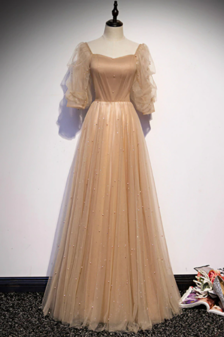Champagne Tulle Square Puff Sleeve Pearls Prom Dress,PL1082