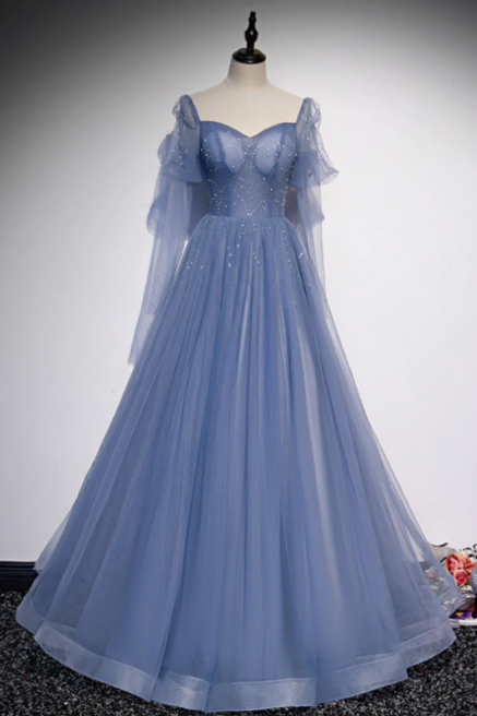Blue Tulle Square Long Sleeve Beading Prom Dress.pl1083