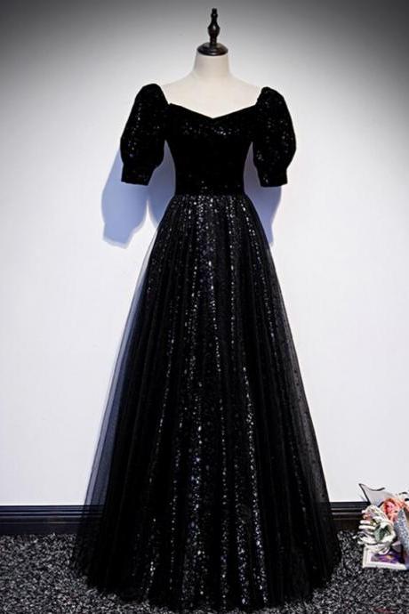 Black Tulle Sequins Square Short Sleeve Prom Dress,pl1088