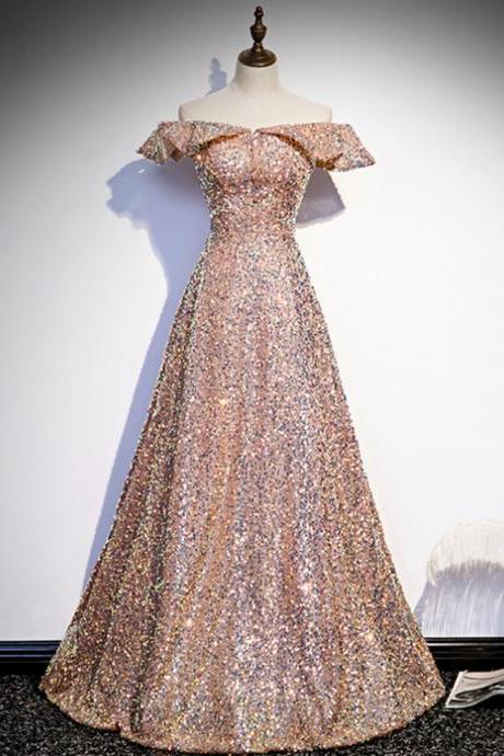Champagne Gold Sequins Off The Shoulder Prom Dress,pl1090