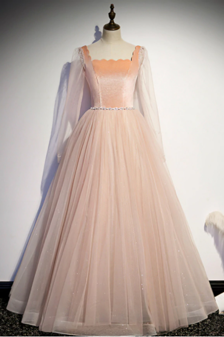 Champagne Pink Tulle Square Long Sleeve Prom Dress,PL1096