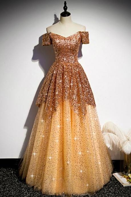 Gold Tulle Sequins Off the Shoulder Short Sleeve Prom Dress,PL1099