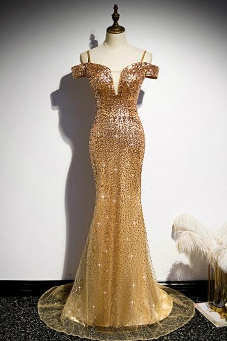 Gold Mermaid Sequins Spaghetti Straps Prom Dress,pl1103