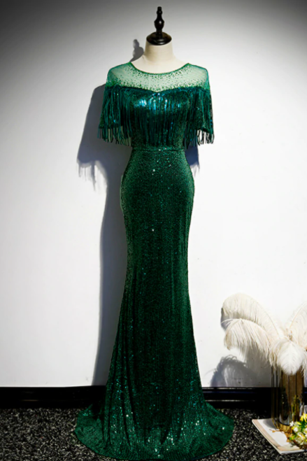 Dark Green Mermadi Sequins Tassel Short Sleeve Prom Dress,pl1104