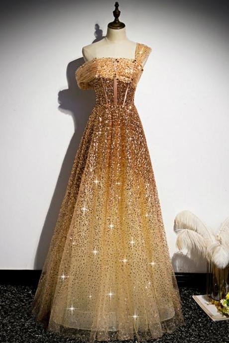 Gold Sequins One Shoulder Pleats Corset Prom Dress,pl1105