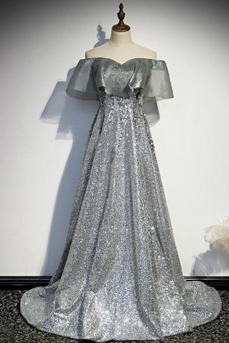 Silver Gray Sequins Off The Shoulder Prom Dress,pl1107