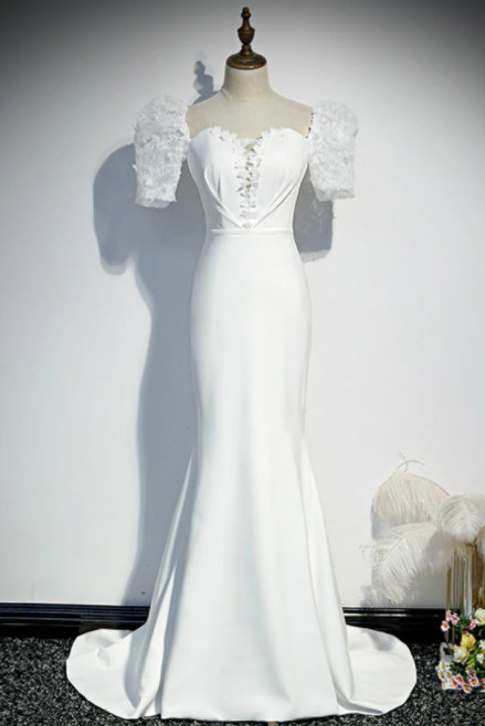 White Mermaid Short Sleeve Appliques Prom Dress,PL1108