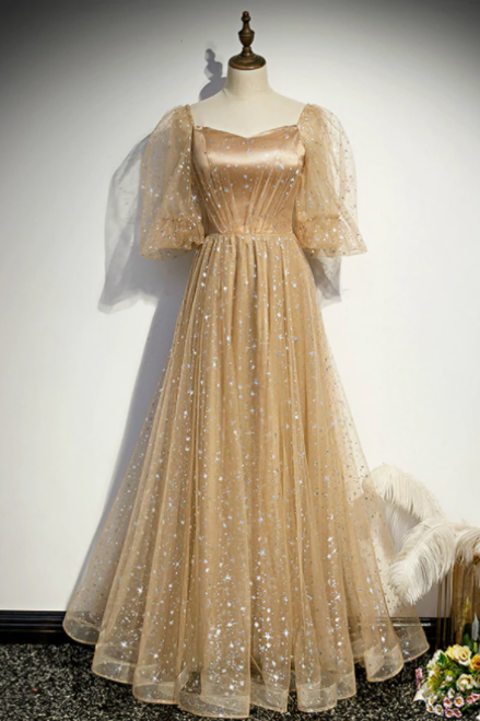 Champagne Tulle Embroidery Puff Sleeve Prom Dress,pl1109