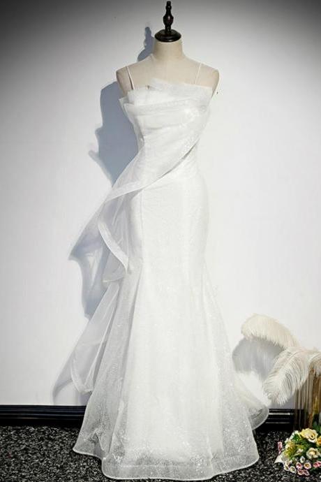 White Mermaid Tulle Sequins Spaghetti Straps Prom Dress,PL1110
