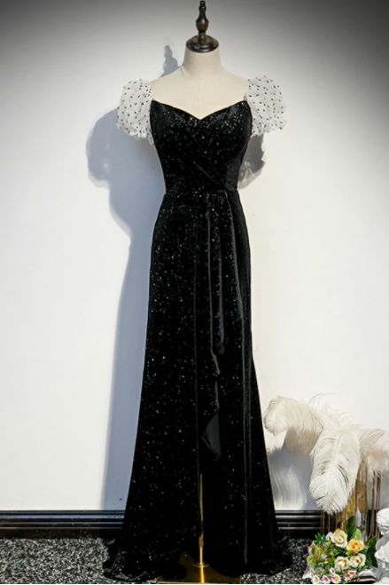 Black Velvet Puff Sleeve Pleats Prom Dress With Split,pl1113