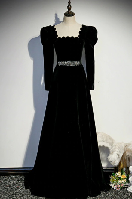 Black Velvet Square Long Sleeve Prom Dress With Belt,PL1115