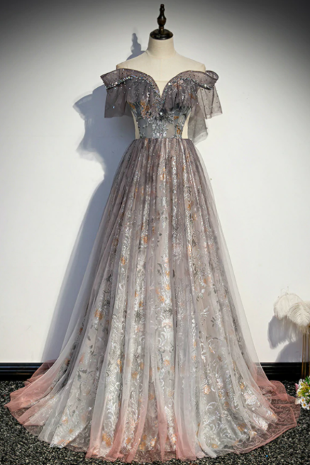 Gray Tulle Sequins Off The Shoulder Prom Dress,pl1117