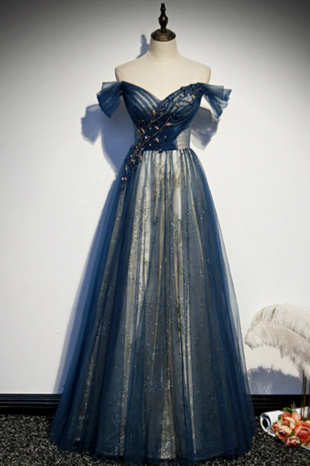 Blue Tulle Sequins Off The Shoulder Beading Prom Dress,pl1124