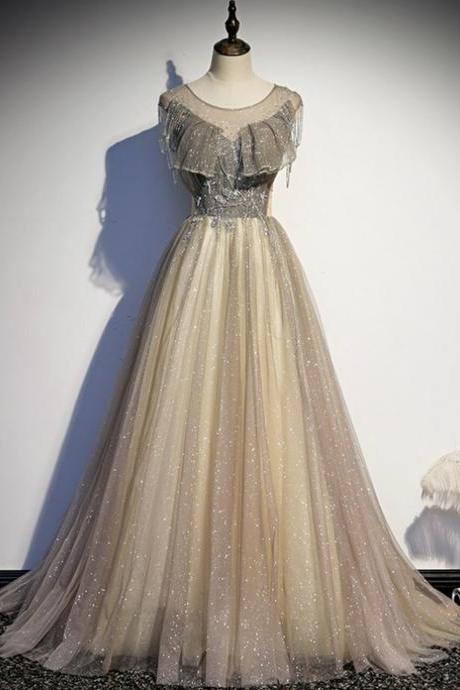 Gray Tulle Sequins Backless Tassel Beading Prom Dress,pl1125
