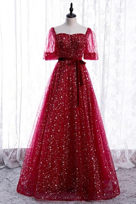 Burgundy Tulle Sequins Square Short Sleeve Prom Dress,pl1129