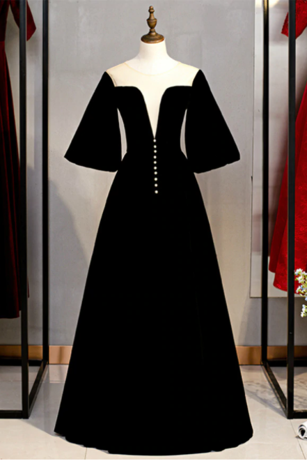 Fancy Black Velvet Horn Sleeve Illusion Prom Dress,pl1131