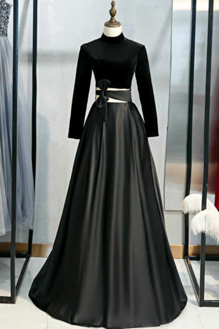 Black Satin Velvet Long Sleeve Cut Out Prom Dress,pl1132