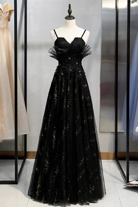 Black Tulle Spaghetti Straps Appliques Prom Dress,pl1134