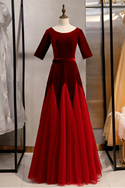 Burgundy Tulle Velvet Short Sleeve Prom Dress,pl1135