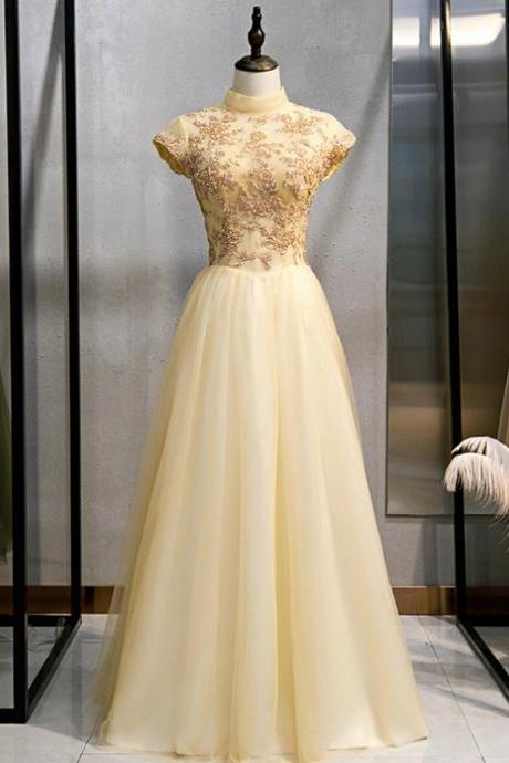 Gold Tulle High Neck Beading Open Back Prom Dress,pl1140
