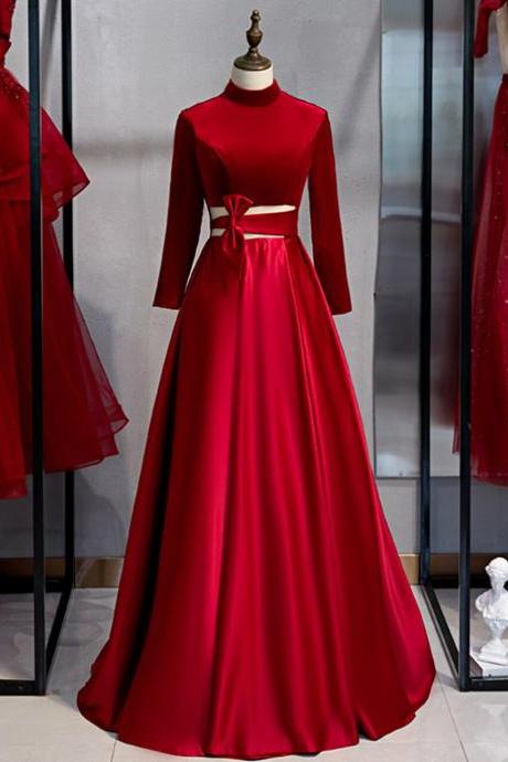 Burgundy Satin Velvet Long Sleeve Cut Out Prom Dress,pl1143
