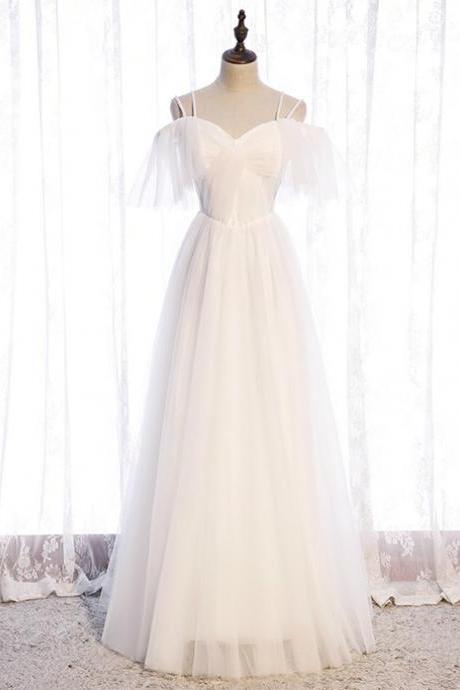 White Tulle Double Straps Short Sleeve Prom Dress,pl1145