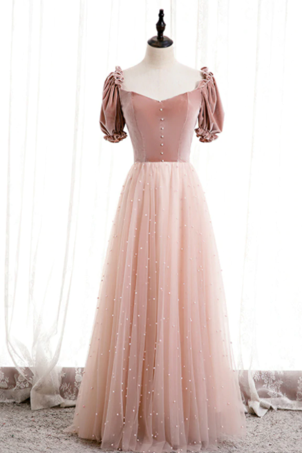 Tulle Velvet Short Sleeve Square Pearls Prom Dress,PL1148
