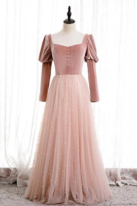 Pink Tulle Velvet Long Sleeve Square Pearls Prom Dress,PL1151