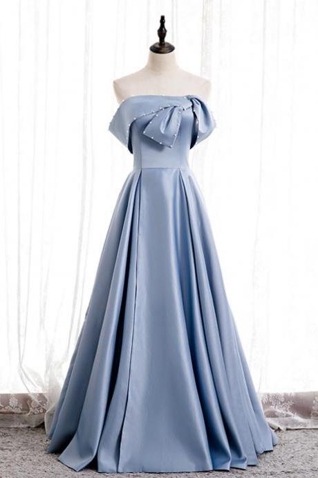 Blue Satin Strapless Pearls Long Prom Dress,PL1152