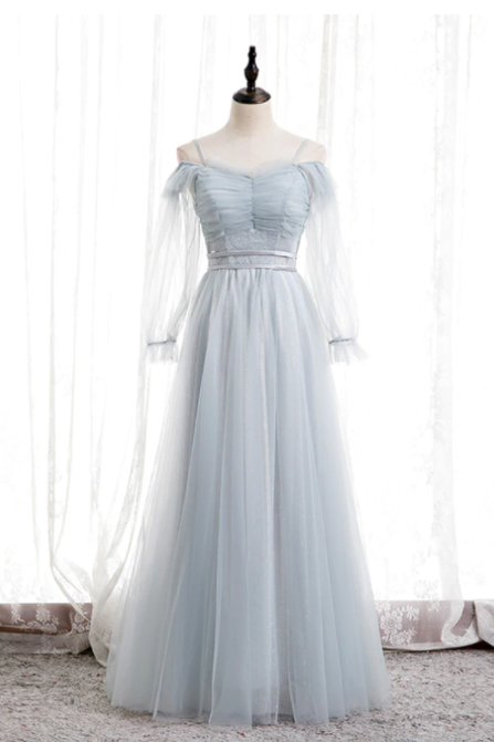 Light Blue Tulle Spaghetti Straps Long Sleeve Pleats Prom Dress,pl1155