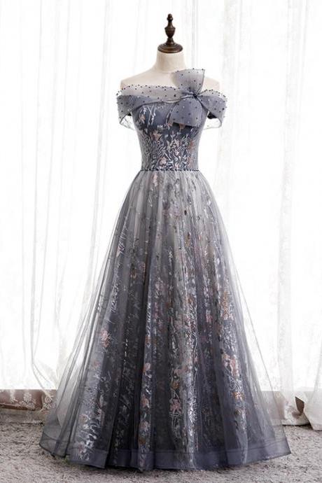 Fashion Gray Tulle Off The Shoulder Beading Prom Dress,pl1156
