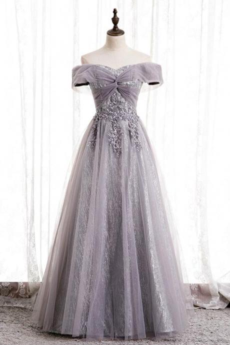 Purple Tulle Off The Shoulder Embrodiery Off The Shoulder Prom Dress,pl1159